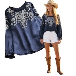 Navy Blue Cotton Embroidered Top Size Large BRAND NEW